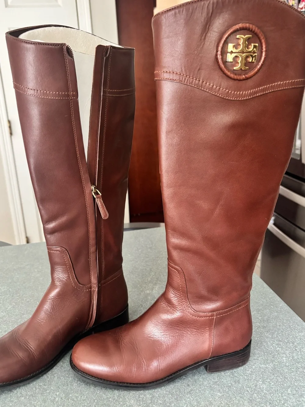 Tory Burch Brown Leather Tall Riding Boots with Gold Logo